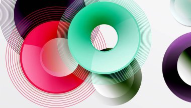 Üst üste binen daireler, parlak renkler ve pürüzsüz gradyanlarla gösterişli vektör tasarımı. Derinliği, simetrisi ve hafif arkaplanda minimalist zarafeti olan dinamik kompozisyon