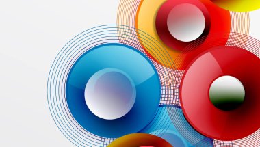 Üst üste binen dairelerin, düzgün eğimli ve şeffaflık efektli soyut bileşimi. Temiz ve modern tasarım derinliği, simetriyi ve asgari estetiği vurguluyor