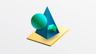 Abstract design showcasing isometric cubes, pyramids, squares, and spheres in a vibrant 3D layout. Modern and dynamic, perfect for tech, design, or futuristic themes clipart