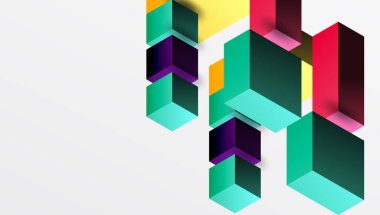 Temiz ve modern bir kompozisyonda izometrik üç boyutlu bloklar içeren gösterişli soyut tasarım. Canlı renkler ve geometrik hassasiyetle teknolojiden esinlenilmiş temalar için mükemmel.