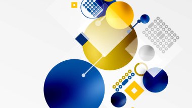 Minimalist soyut vektör tasarımı, katmanlı geometrik şekiller daireler, kareler ve yumuşak pastel eğimli üçgenler ve yarı şeffaf efektler. Çağdaş kullanım için mükemmel