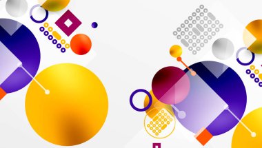 Minimalist soyut vektör tasarımı, katmanlı geometrik şekiller daireler, kareler ve yumuşak pastel eğimli üçgenler ve yarı şeffaf efektler. Çağdaş kullanım için mükemmel