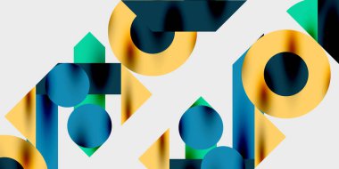 Dairelerin, yarım dairelerin ve parlak efektli ve düzgün eğimli üçgenlerin detaylı bileşimi. Yaratıcı ve teknolojiden ilham alan projeler için parlak ve modern bir vektör tasarımı