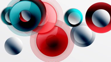 Üst üste binen daireler, parlak renkler ve pürüzsüz gradyanlarla gösterişli vektör tasarımı. Derinliği, simetrisi ve hafif arkaplanda minimalist zarafeti olan dinamik kompozisyon
