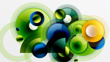 Üst üste binen dairelerin, düzgün eğimli ve şeffaflık efektli soyut bileşimi. Temiz ve modern tasarım derinliği, simetriyi ve asgari estetiği vurguluyor