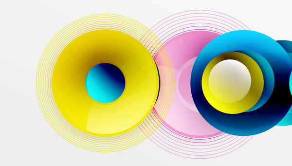 Гладкая векторная конструкция с перекрывающимися кругами в ярких цветах и гладких градиентах. Динамическая композиция с глубиной, симметрией и минималистской элегантностью на светлом фоне