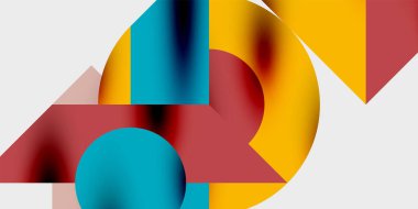 Dinamik geometrik bir kompozisyonda daireler, çizgiler ve üçgenler içeren modern soyut bir arkaplan. Tarz, teknoloji veya yaratıcı temalı tasarımlar için mükemmel.