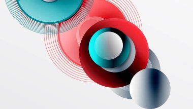 Üst üste binen daireler, parlak renkler ve pürüzsüz gradyanlarla gösterişli vektör tasarımı. Derinliği, simetrisi ve hafif arkaplanda minimalist zarafeti olan dinamik kompozisyon