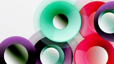 Üst üste binen daireler, parlak renkler ve pürüzsüz gradyanlarla gösterişli vektör tasarımı. Derinliği, simetrisi ve hafif arkaplanda minimalist zarafeti olan dinamik kompozisyon