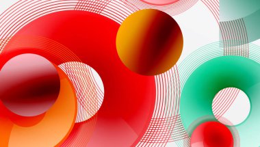 Üst üste binen dairelerin, düzgün eğimli ve şeffaflık efektli soyut bileşimi. Temiz ve modern tasarım derinliği, simetriyi ve asgari estetiği vurguluyor