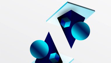 Soyut tasarım izometrik küpleri, piramitleri, kareleri ve küreleri canlı bir 3D düzende sergiliyor. Modern ve dinamik, teknoloji, tasarım veya gelecek temalar için mükemmel