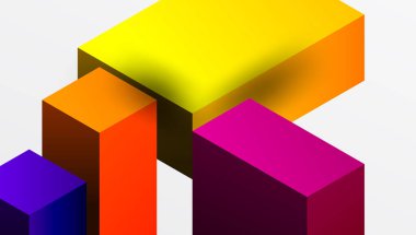 Temiz ve modern bir kompozisyonda izometrik üç boyutlu bloklar içeren gösterişli soyut tasarım. Canlı renkler ve geometrik hassasiyetle teknolojiden esinlenilmiş temalar için mükemmel.