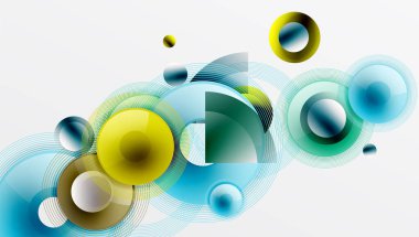 Üst üste binen dairelerin, düzgün eğimli ve şeffaflık efektli soyut bileşimi. Temiz ve modern tasarım derinliği, simetriyi ve asgari estetiği vurguluyor