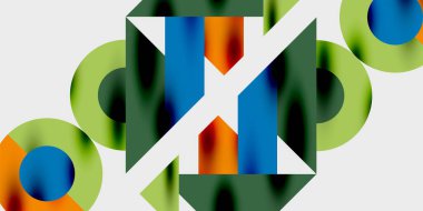 Dinamik geometrik bir kompozisyonda daireler, çizgiler ve üçgenler içeren modern soyut bir arkaplan. Tarz, teknoloji veya yaratıcı temalı tasarımlar için mükemmel.