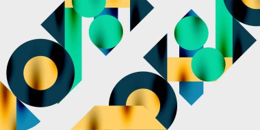 Dairelerin, yarım dairelerin ve parlak efektli ve düzgün eğimli üçgenlerin detaylı bileşimi. Yaratıcı ve teknolojiden ilham alan projeler için parlak ve modern bir vektör tasarımı