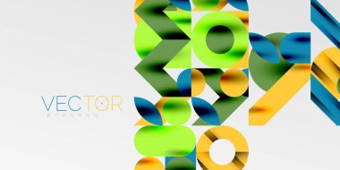 Renkli basit dinamik geometrik şekiller daire çizgileri ve yuvarlak şekiller oluşturur. Mozaik tekno sanat konsepti. Duvar Kağıdı, Sancak, Arkaplan, Kart, Kitap İllüstrasyonu, İniş Sayfası