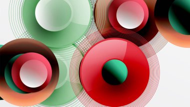 Üst üste binen daireler, parlak renkler ve pürüzsüz gradyanlarla gösterişli vektör tasarımı. Derinliği, simetrisi ve hafif arkaplanda minimalist zarafeti olan dinamik kompozisyon