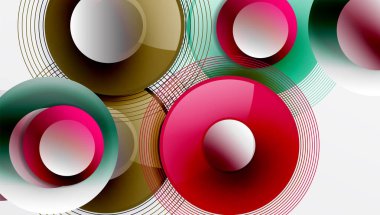Üst üste binen daireler, parlak renkler ve pürüzsüz gradyanlarla gösterişli vektör tasarımı. Derinliği, simetrisi ve hafif arkaplanda minimalist zarafeti olan dinamik kompozisyon
