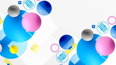 Minimalist soyut vektör tasarımı, katmanlı geometrik şekiller daireler, kareler ve yumuşak pastel eğimli üçgenler ve yarı şeffaf efektler. Çağdaş kullanım için mükemmel