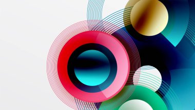 Üst üste binen daireler, parlak renkler ve pürüzsüz gradyanlarla gösterişli vektör tasarımı. Derinliği, simetrisi ve hafif arkaplanda minimalist zarafeti olan dinamik kompozisyon