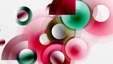 Üst üste binen daireler, parlak renkler ve pürüzsüz gradyanlarla gösterişli vektör tasarımı. Derinliği, simetrisi ve hafif arkaplanda minimalist zarafeti olan dinamik kompozisyon