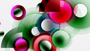 Üst üste binen dairelerin, düzgün eğimli ve şeffaflık efektli soyut bileşimi. Temiz ve modern tasarım derinliği, simetriyi ve asgari estetiği vurguluyor