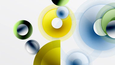 Üst üste binen dairelerin, düzgün eğimli ve şeffaflık efektli soyut bileşimi. Temiz ve modern tasarım derinliği, simetriyi ve asgari estetiği vurguluyor