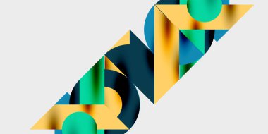 Dairelerin, yarım dairelerin ve parlak efektli ve düzgün eğimli üçgenlerin detaylı bileşimi. Yaratıcı ve teknolojiden ilham alan projeler için parlak ve modern bir vektör tasarımı