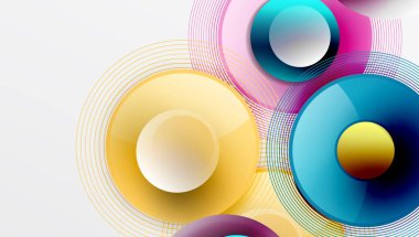 Üst üste binen dairelerin, düzgün eğimli ve şeffaflık efektli soyut bileşimi. Temiz ve modern tasarım derinliği, simetriyi ve asgari estetiği vurguluyor