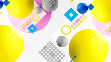 Minimalist soyut vektör tasarımı, katmanlı geometrik şekiller daireler, kareler ve yumuşak pastel eğimli üçgenler ve yarı şeffaf efektler. Çağdaş kullanım için mükemmel