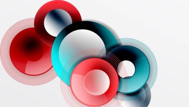 Üst üste binen daireler, parlak renkler ve pürüzsüz gradyanlarla gösterişli vektör tasarımı. Derinliği, simetrisi ve hafif arkaplanda minimalist zarafeti olan dinamik kompozisyon