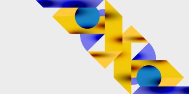 Dinamik geometrik bir kompozisyonda daireler, çizgiler ve üçgenler içeren modern soyut bir arkaplan. Tarz, teknoloji veya yaratıcı temalı tasarımlar için mükemmel.