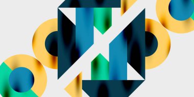 Dairelerin, yarım dairelerin ve parlak efektli ve düzgün eğimli üçgenlerin detaylı bileşimi. Yaratıcı ve teknolojiden ilham alan projeler için parlak ve modern bir vektör tasarımı