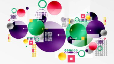 Minimalist soyut vektör tasarımı, katmanlı geometrik şekiller daireler, kareler ve yumuşak pastel eğimli üçgenler ve yarı şeffaf efektler. Çağdaş kullanım için mükemmel