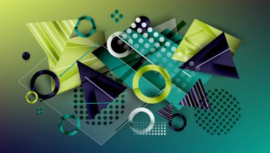 Soyut arkaplan - üst üste binen daireler, dikdörtgenler, ve yüksek eğimli üçgenler. Yarı saydam şekiller derinlik ve denge yaratır