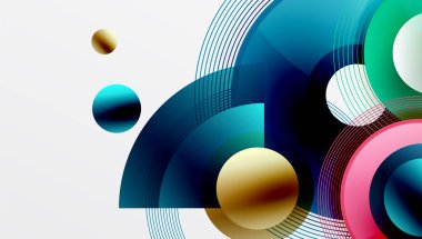 Üst üste binen daireler, parlak renkler ve pürüzsüz gradyanlarla gösterişli vektör tasarımı. Derinliği, simetrisi ve hafif arkaplanda minimalist zarafeti olan dinamik kompozisyon