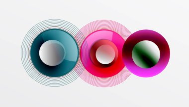 Üst üste binen dairelerin, düzgün eğimli ve şeffaflık efektli soyut bileşimi. Temiz ve modern tasarım derinliği, simetriyi ve asgari estetiği vurguluyor