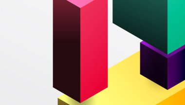 Temiz ve modern bir kompozisyonda izometrik üç boyutlu bloklar içeren gösterişli soyut tasarım. Canlı renkler ve geometrik hassasiyetle teknolojiden esinlenilmiş temalar için mükemmel.