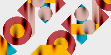 Dinamik geometrik bir kompozisyonda daireler, çizgiler ve üçgenler içeren modern soyut bir arkaplan. Tarz, teknoloji veya yaratıcı temalı tasarımlar için mükemmel.