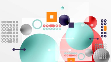 Minimalist soyut vektör tasarımı, katmanlı geometrik şekiller daireler, kareler ve yumuşak pastel eğimli üçgenler ve yarı şeffaf efektler. Çağdaş kullanım için mükemmel