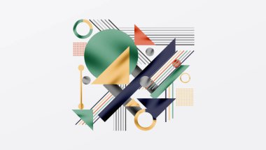 Kalın Şekiller ve Karşıt Renklerle Geometrik Soyut Arkaplan. Çemberler, üçgenler, kareler ve çizgiler gölge etkisiyle