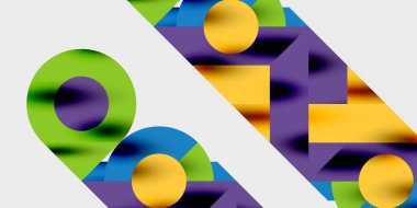 Dairelerin, yarım dairelerin ve parlak efektli ve düzgün eğimli üçgenlerin detaylı bileşimi. Yaratıcı ve teknolojiden ilham alan projeler için parlak ve modern bir vektör tasarımı