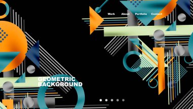 Kalın Şekiller ve Karşıt Renklerle Geometrik Soyut Arkaplan. Çemberler, üçgenler, kareler ve çizgiler gölge etkisiyle