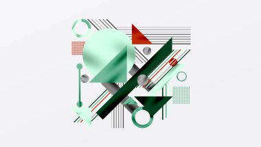 Kalın Şekiller ve Karşıt Renklerle Geometrik Soyut Arkaplan. Çemberler, üçgenler, kareler ve çizgiler gölge etkisiyle