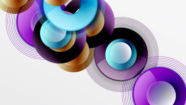 Üst üste binen dairelerin, düzgün eğimli ve şeffaflık efektli soyut bileşimi. Temiz ve modern tasarım derinliği, simetriyi ve asgari estetiği vurguluyor