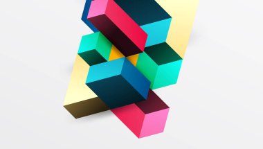 Temiz ve modern bir kompozisyonda izometrik üç boyutlu bloklar içeren gösterişli soyut tasarım. Canlı renkler ve geometrik hassasiyetle teknolojiden esinlenilmiş temalar için mükemmel.
