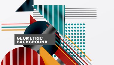 Geometric Abstract Background with Bold Shapes and Contrasting Colors. Circles, triangles, squares and lines with shadow effect clipart