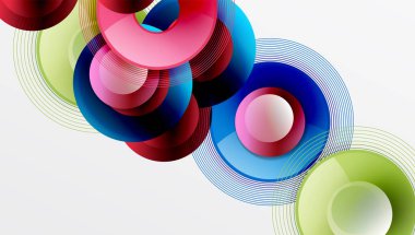 Üst üste binen dairelerin, düzgün eğimli ve şeffaflık efektli soyut bileşimi. Temiz ve modern tasarım derinliği, simetriyi ve asgari estetiği vurguluyor