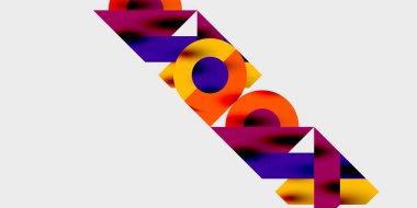 Dairelerin, yarım dairelerin ve parlak efektli ve düzgün eğimli üçgenlerin detaylı bileşimi. Yaratıcı ve teknolojiden ilham alan projeler için parlak ve modern bir vektör tasarımı