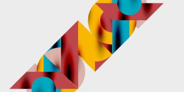 Dinamik geometrik bir kompozisyonda daireler, çizgiler ve üçgenler içeren modern soyut bir arkaplan. Tarz, teknoloji veya yaratıcı temalı tasarımlar için mükemmel.